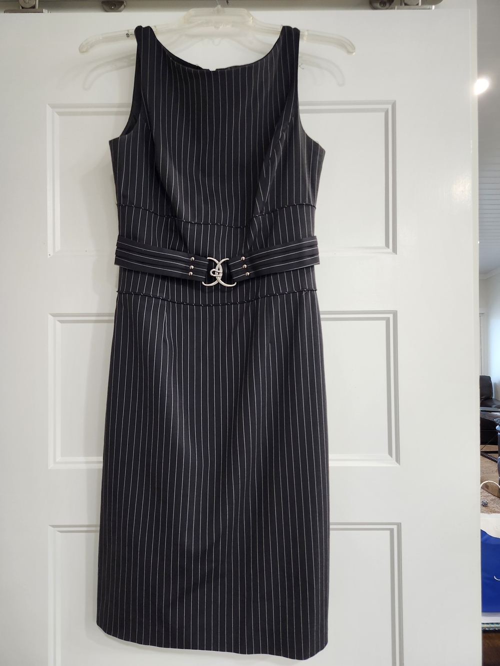 ANTONIO MELANI Black Pinstripe Midi Sheath Dress with Decorative Faux Belt
